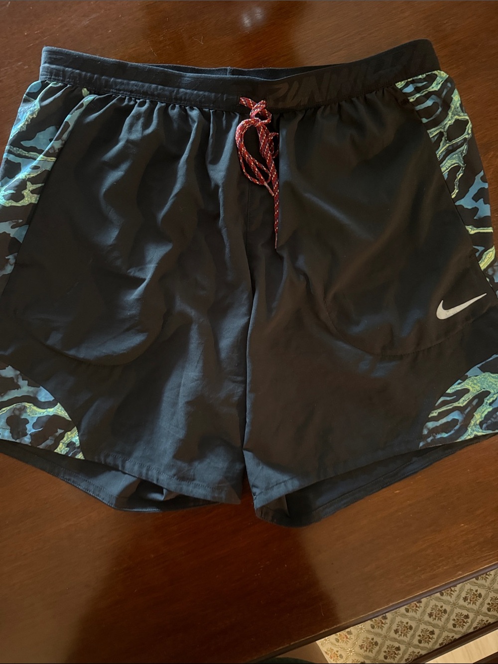 Nike Men’s Black Athletic Shorts with Teal-Blue Camo Panels